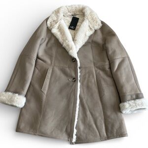 HiSO Genuine Shearling Lamb Fur Coat Wmns US 14 Taupe NWT Button Luxury Designer